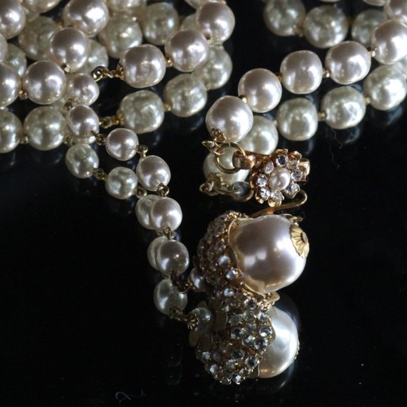 MIRIAM HASKELL COUTURE BAROQUE PEARL RHINESTONES MINT LARIAT NECKLACE - Picture 3 of 14
